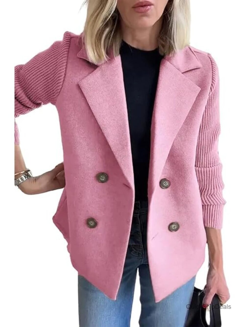 Cropped Wool Blend Pea Coat Double Breasted Notch Lapel Knit Sleeve